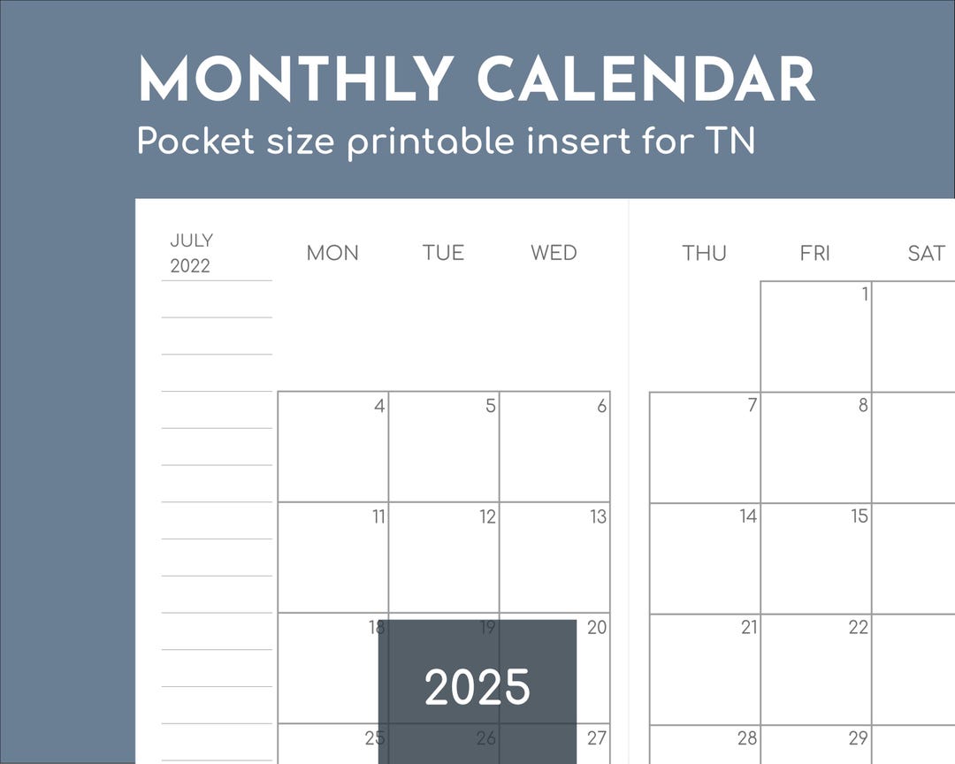 Monthly Pocket Calendar 2025 Printable Travelers Insert, 3.5x5.5in ...