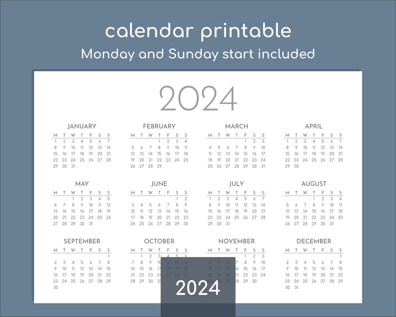 2024 Year at a Glance Printable, Monday and Sunday Start Etsy