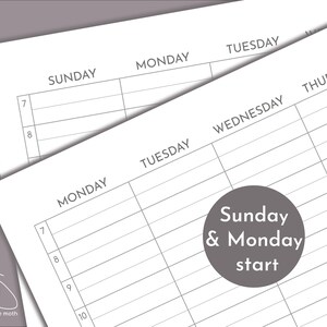 May include: A weekly planner with a gray circle that says "Sunday & Monday start". The planner has columns for each day of the week, starting with Sunday and ending with Thursday. The planner is designed to start the week on Sunday.