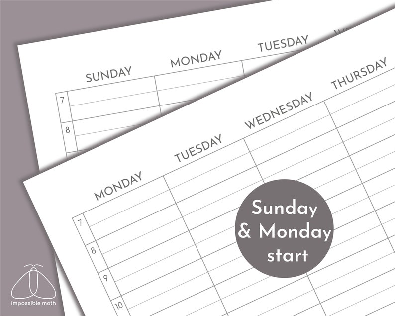 May include: A weekly planner with a gray circle that says "Sunday & Monday start". The planner has columns for each day of the week, starting with Sunday and ending with Thursday. The planner is designed to start the week on Sunday.