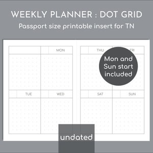 Undated small weekly planner with 5mm dot grid, Passport size printable travelers inserts