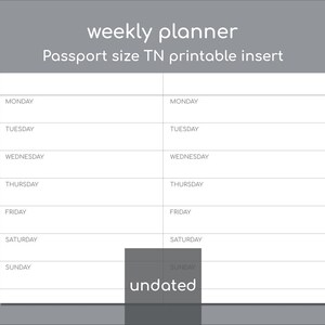 Puede incluir: Un inserto imprimible de planificador semanal blanco para un TN tamaño pasaporte, con dos columnas de días sin fecha de lunes a domingo en texto negro sobre fondo blanco, con el texto weekly planner, Passport size TN printable insert y undated.