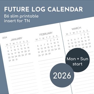 Kalendarz na przyszłość na rok 2026, wkładka podróżna B6 Slim do druku, początek w niedzielę i poniedziałek