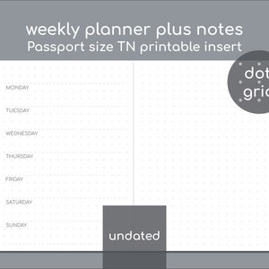 Undated weekly planner with notes, Passport size printable insert for TN