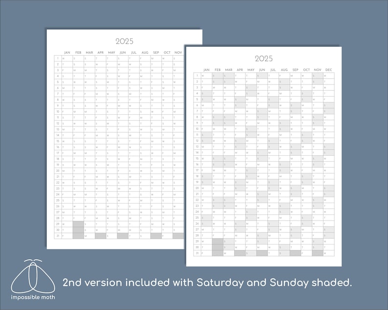 2025 Yearly Overview Calendar Printable, Portrait Wall Planner, Print