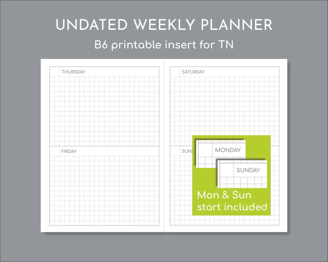 Undated Weekly B6 Travelers Notebook Inserts Printable for TN, Monday ...