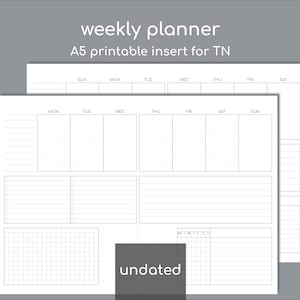 A5 Undated weekly diary, printable travelers inserts