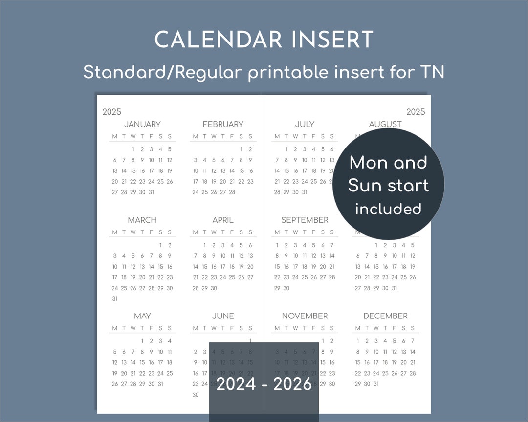 Yearly Calendar 20242026 Printable Insert for Narrow / Classic Slim