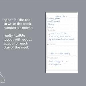 May include: A white vertical planner page with a dot grid pattern, featuring the text November at the top. The layout includes sections for Monday, Tuesday, and Wednesday, each with space for notes. Handwritten blue ink entries fill the daily sections.
