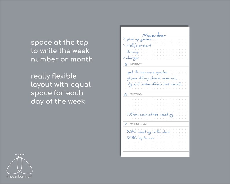 May include: A white vertical planner page with a dot grid pattern, featuring the text November at the top. The layout includes sections for Monday, Tuesday, and Wednesday, each with space for notes. Handwritten blue ink entries fill the daily sections.