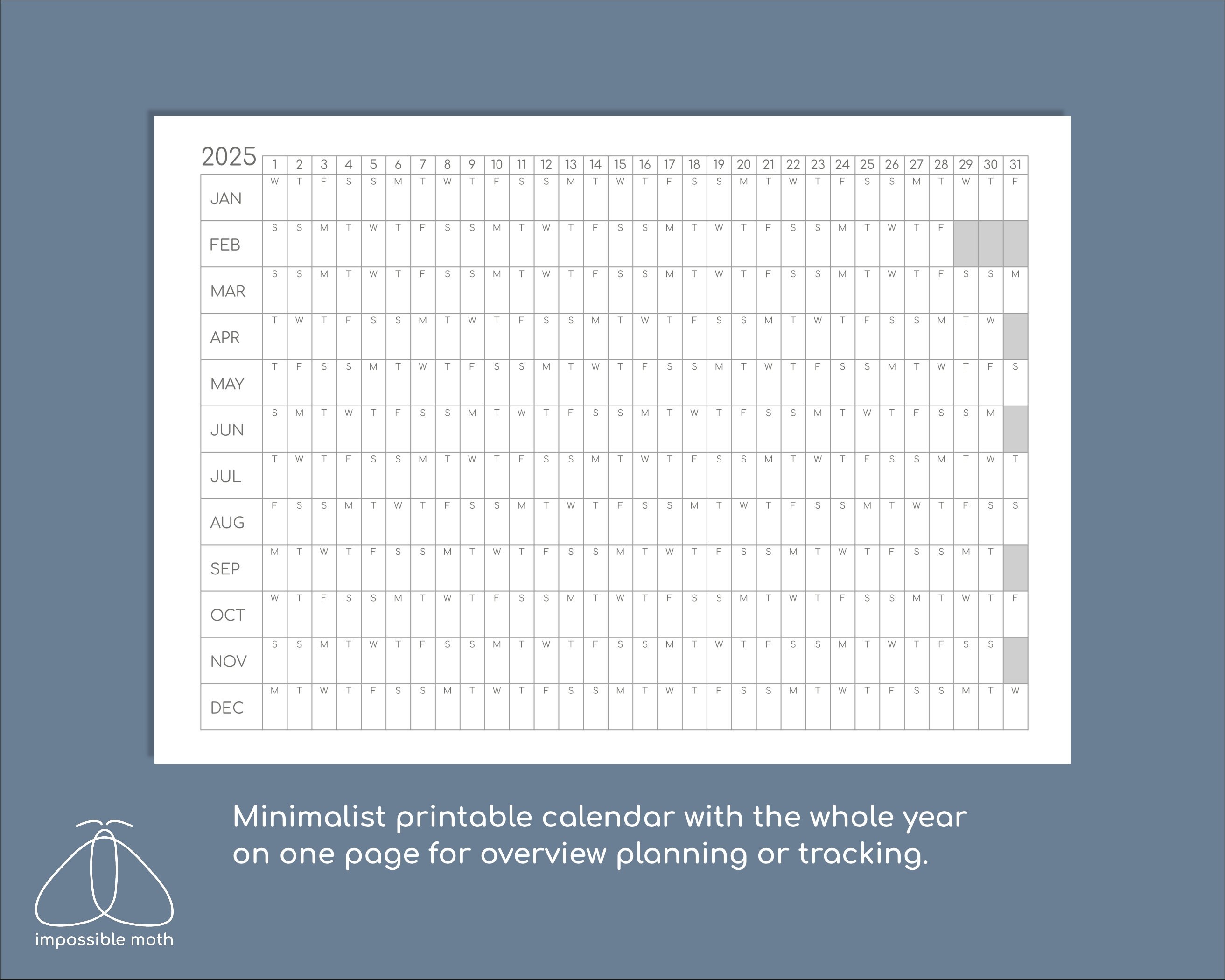  2025 Jahresübersicht Druckbarer Kalender: Minimalistisches Design (PDF Illustration 