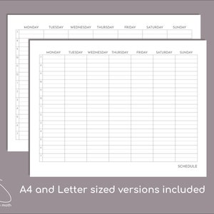 May include: A printable weekly schedule template in black and white. The template is divided into seven columns for each day of the week and 12 rows for each hour of the day. The template includes the words "Monday", "Tuesday", "Wednesday", "Thursday", "Friday", "Saturday", and "Sunday" at the top of each column. The template also includes the word "SCHEDULE" at the bottom of the page.