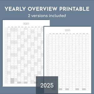 2025 yearly overview calendar printable, portrait wall planner, print at A5, A4, A3, A2, A1, A0 or Letter