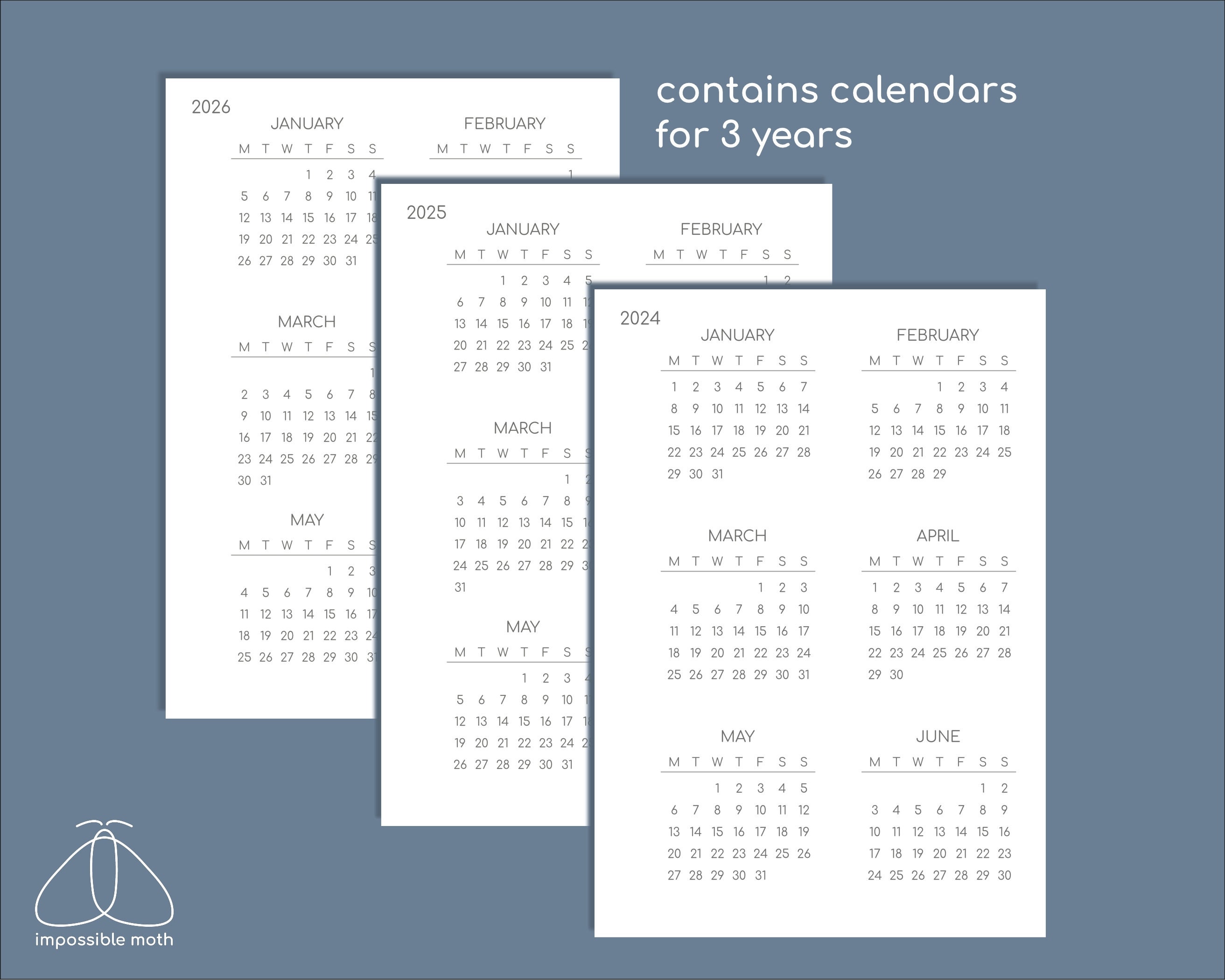 A5 Calendar 20242026 Printable Yearly Planner Travelers Insert, Monday