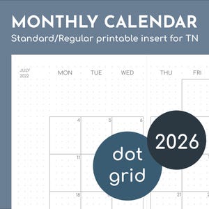 Op de afbeelding: Een maandelijkse kalender printbare insert voor een TN-notitieboek met een dot grid lay-out. De pagina toont de dagen van de week, datums en de tekst MONTHLY CALENDAR, Standard/Regular printable insert for TN, dot grid en 2026.