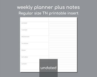 Dateless weekly planner plus notes, Standard / Regular / Narrow printable insert for TN