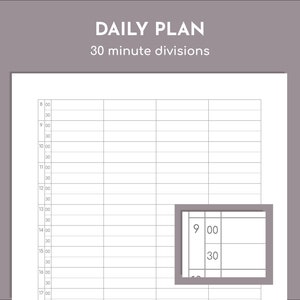 Könnte beinhalten: Ein schwarz-weißer Tagesplaner mit einem Rasterlayout und 30-Minuten-Zeiteinheiten. Der Planer ist in Stunden von 8:00 Uhr bis 17:00 Uhr unterteilt. Der Text "DAILY PLAN" und "30 minute divisions" befindet sich oben auf der Seite.