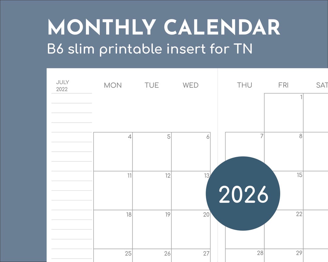 Monthly Calendar 2026, B6 Slim Printable Travellers Insert - Etsy UK