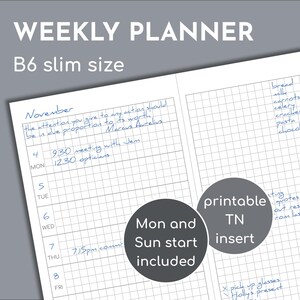 Undated week on one page plus notes page, printable B6 slim insert for TN