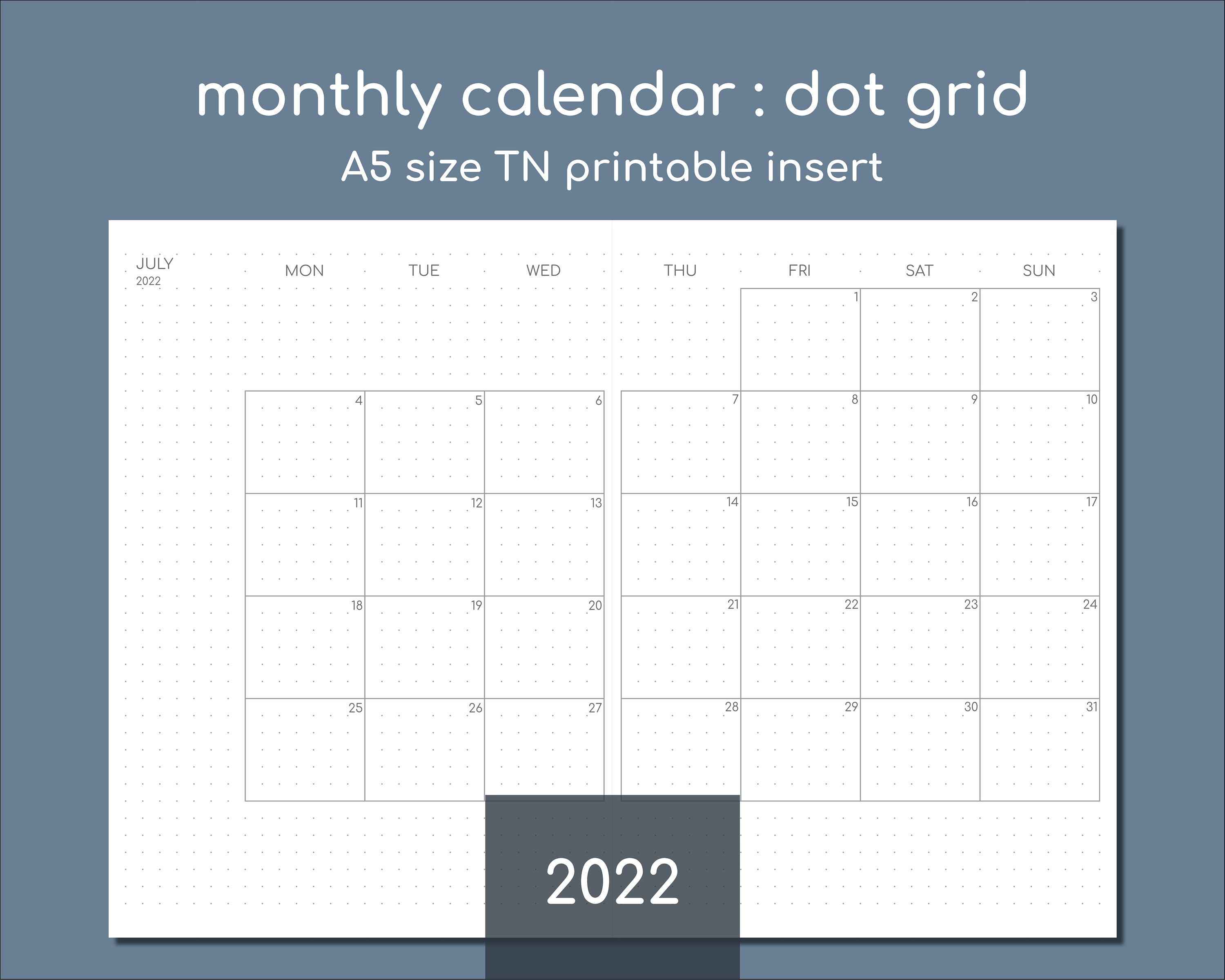 2022 month on two pages a5 printable planner with 5mm dot grid etsy