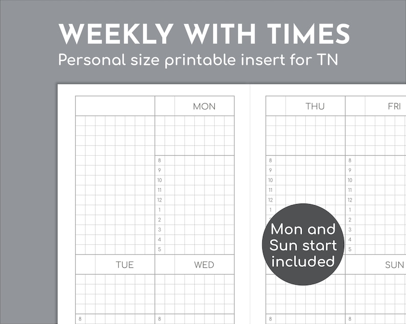 Time Insert Paper Hourly Weekly Undated Planner With Times, Personal Size Printable TN ...