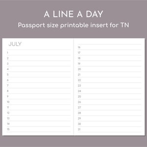 Può includere: Un inserto di calendario stampabile per luglio per un taccuino da viaggio. Il calendario è progettato per un diario in stile "Una riga al giorno" e ha spazio per ogni giorno del mese.