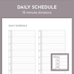 15 分の毎日のスケジュール、日付なしの 24 時間プランナー、印刷可能な PDF