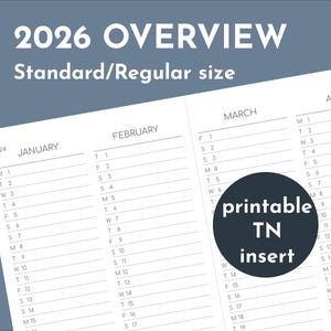 Op de afbeelding: Een witte 2026 overzicht planner insert met een standaard formaat lay-out. De maanden januari, februari, maart en april zijn zichtbaar. De tekst "printable TN insert" staat in een donkere cirkel.