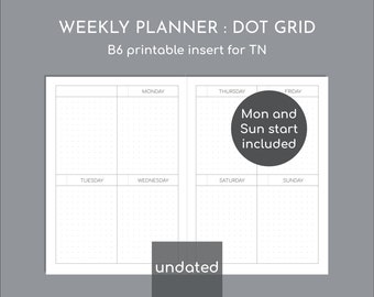 Undated weekly planner on 2 pages, B6 printable travelers inserts
