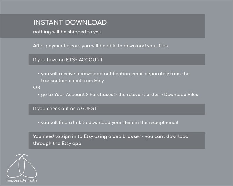 May include: A gray informational graphic with white text explaining the instant download process for Etsy. It details steps for account holders and guest checkouts, noting that files must be downloaded via a web browser, not the mobile app.