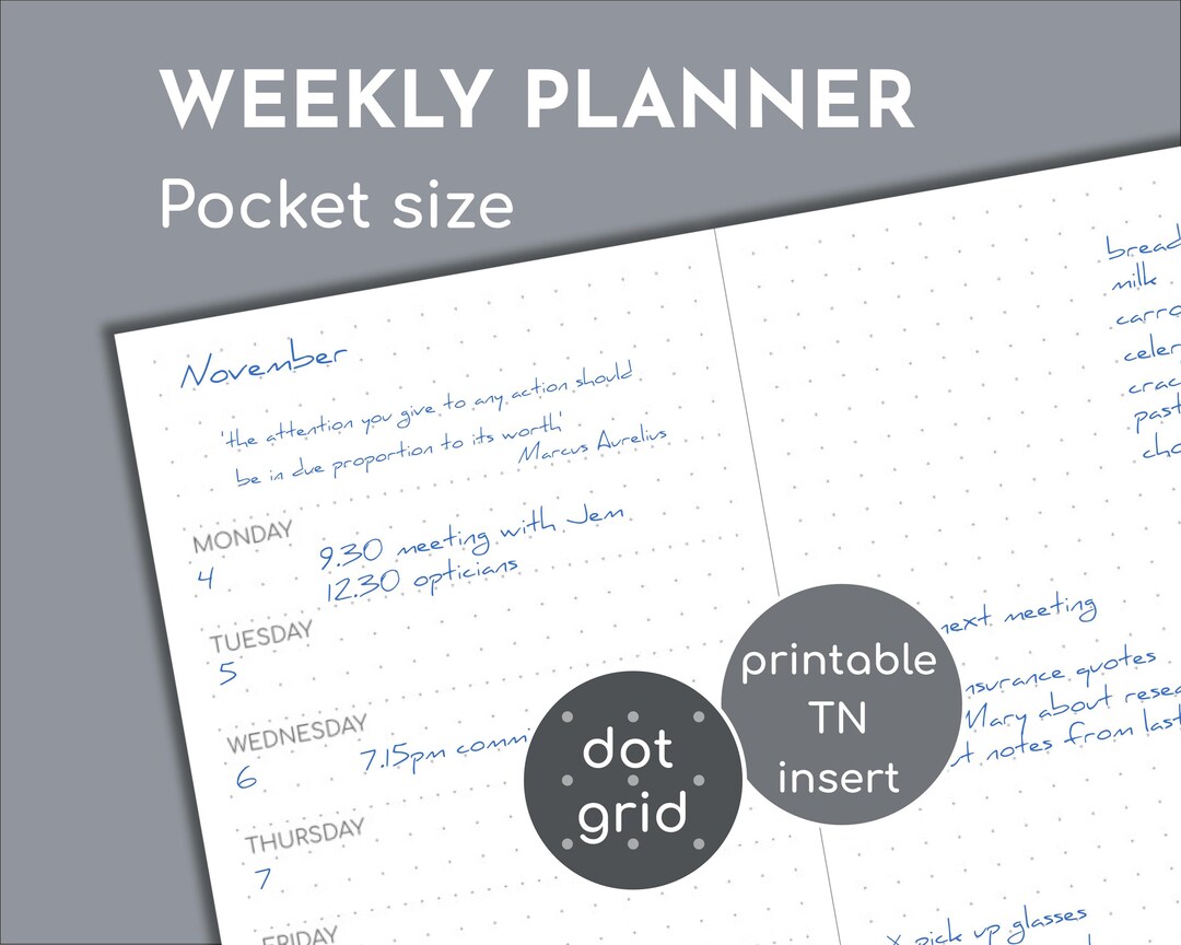 Undated Week on 1 Page Plus Notes, Pocket Size Printable TN Insert - Etsy
