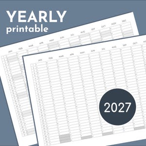 May include: Two printable yearly calendar pages with a 2027 circle graphic. The calendars are white with gray grid lines and month names across the top. The words "YEARLY printable" are at the top in white text on a blue background.