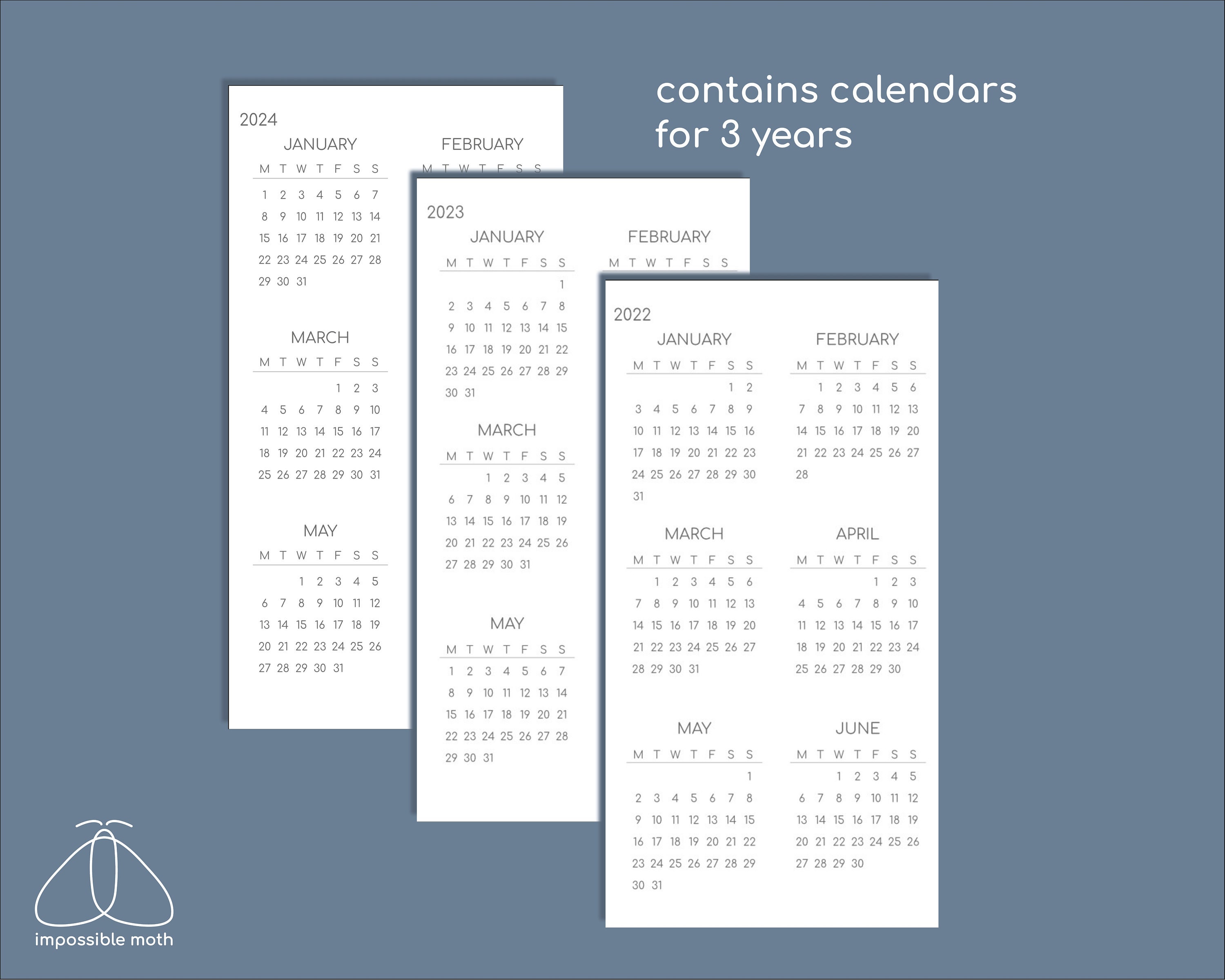 Printable calendar 2022-2024 insert for Regular TN | Etsy