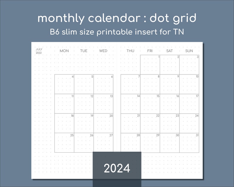 2024 Monthly Calendar Printable B6 Slim Insert for Travelers Etsy