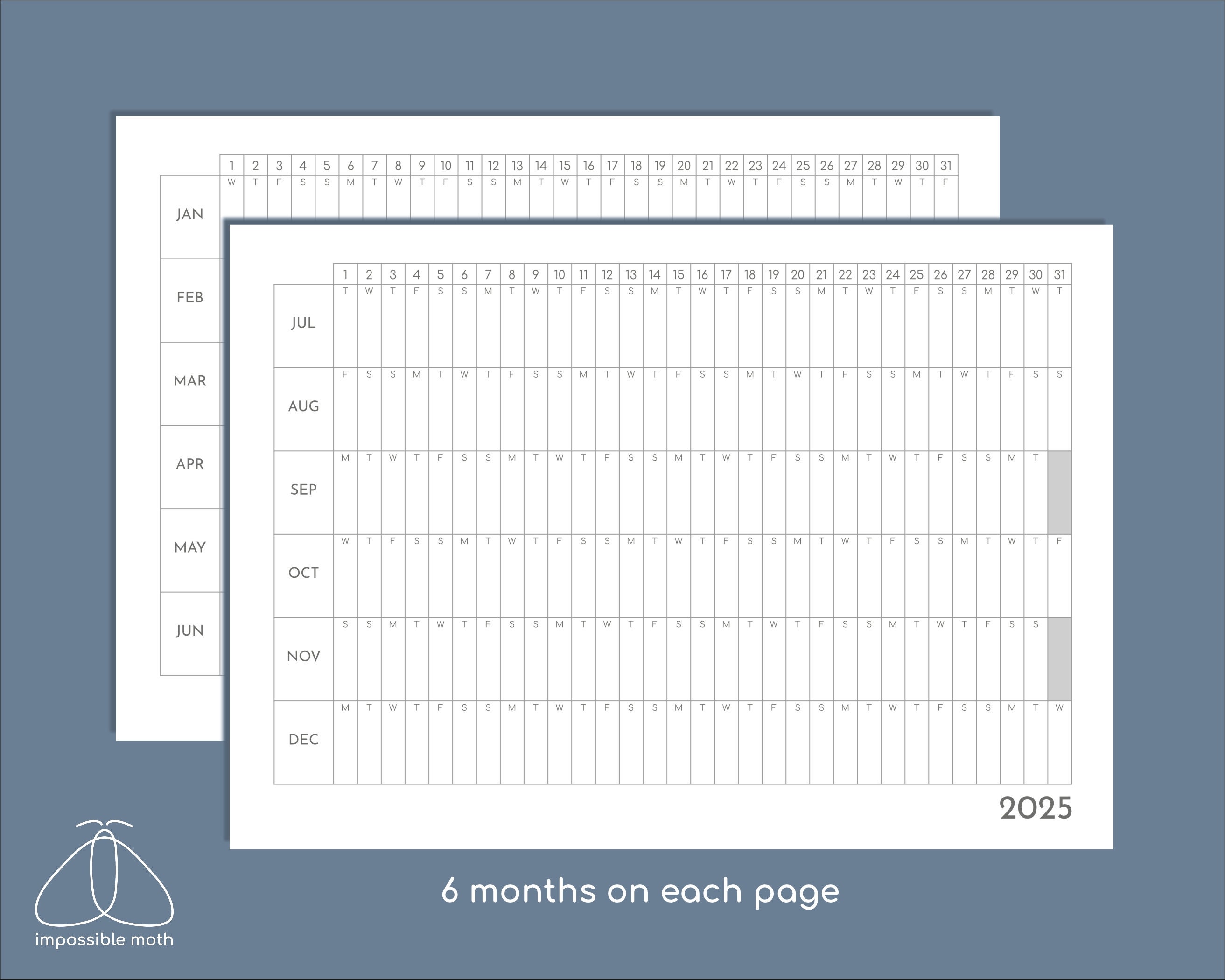 2025 Yearly Overview on 2 Page Printable Calendar, 6 Months per Page