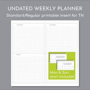 Op de afbeelding: Ongedateerde wekelijkse planner-inzet voor TN. De witte plannerpagina's hebben een rasterpatroon en bevatten secties voor donderdag, vrijdag en zaterdag. Een groene rechthoek benadrukt de opname van maandag- en zondagdatums.