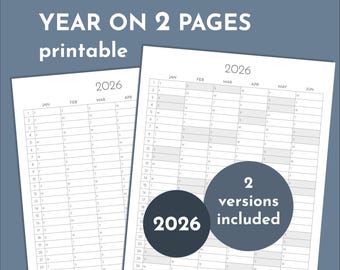 Calendário de parede de 2026 em 2 páginas para imprimir, formato retrato, com rastreador anual.
