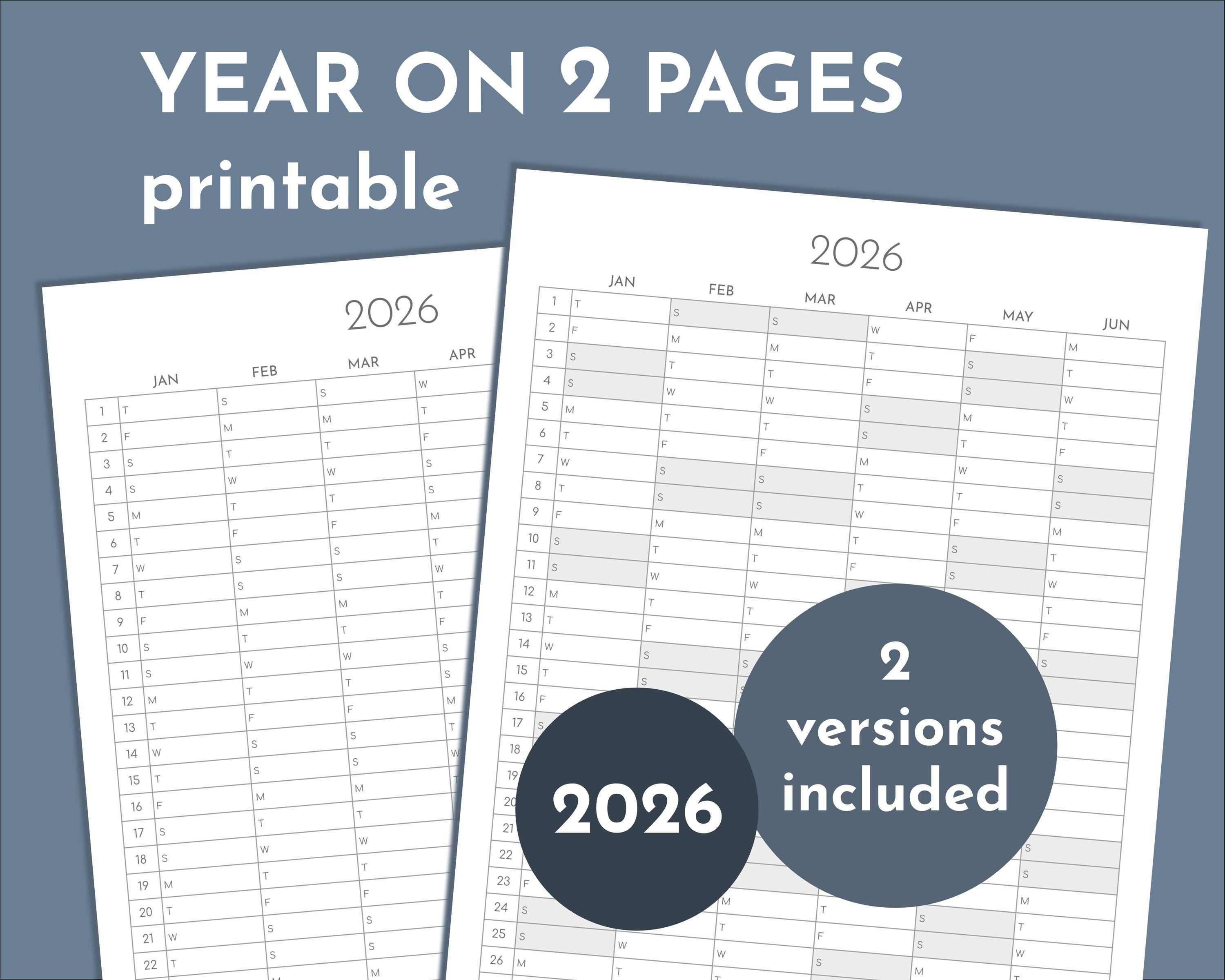 2026 Wall Calendar on 2 Pages Printable, Portrait Yearly Tracker - Etsy
