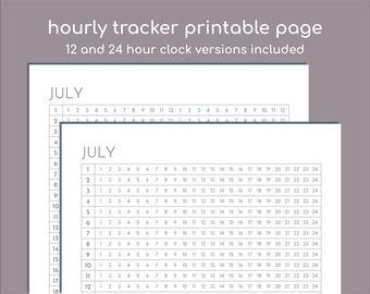 May include: Printable hourly tracker page for July, with both 12-hour and 24-hour clock versions included.