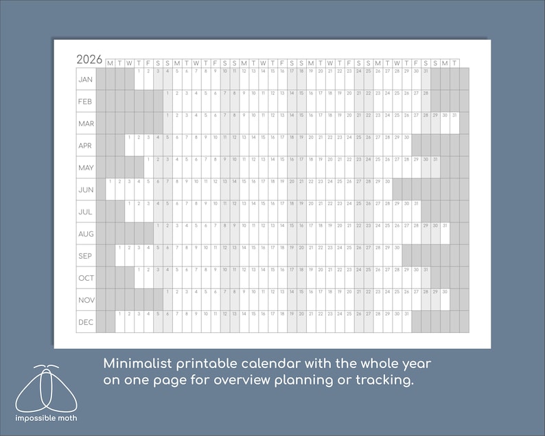Puede incluir: Un calendario imprimible en blanco y negro para el a&ntilde;o 2026. El calendario est&aacute; dise&ntilde;ado en un estilo minimalista con cada mes mostrado en un formato de cuadr&iacute;cula. Los d&iacute;as de la semana se abrevian como M, T, W, T, F, S, S.