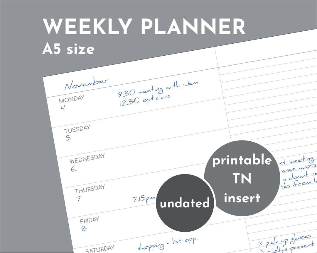A5 Undated Weekly Planner, Printable Inserts for Travelers Notebook - Etsy