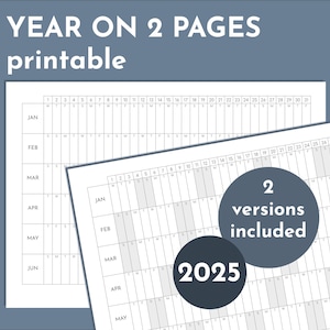 Panoramica dell'anno 2025, calendario stampabile di 2 pagine, tracker annuale di 6 mesi per pagina