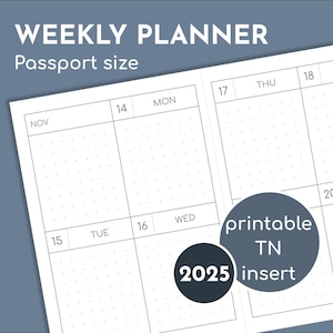 2025 small weekly planner, Passport size printable travelers inserts, 5mm dot grid