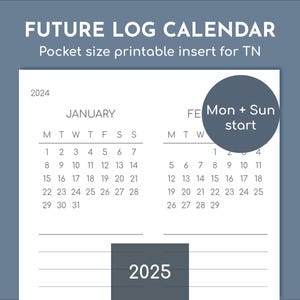 2025年のイベントログ、メモスペース付き、印刷可能なポケットTNインサート、月曜日と日曜日の開始