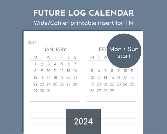 2024 Future Log Calendar With Notes, Printable Wide / Cahier Travellers  Insert, Monday and Sunday Start -  Sweden