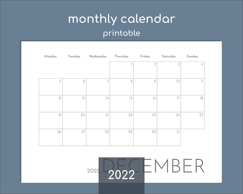 Monthly Calendar 2022 A4a5a3letter Printable Minimalist Etsy
