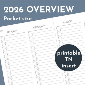 May include: A white paper calendar insert with black text featuring the headers 2026 OVERVIEW and Pocket size. The layout displays columns for January, February, and March with days of the week and dates listed. A dark circle contains the text printable TN insert.