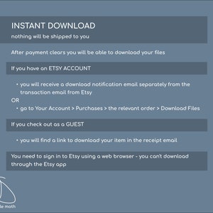 Puede incluir: Un gr&aacute;fico azul y blanco con el texto "INSTANT DOWNLOAD" e instrucciones sobre c&oacute;mo descargar archivos digitales despu&eacute;s de la compra en Etsy. El gr&aacute;fico tambi&eacute;n incluye una ilustraci&oacute;n de mariposa.