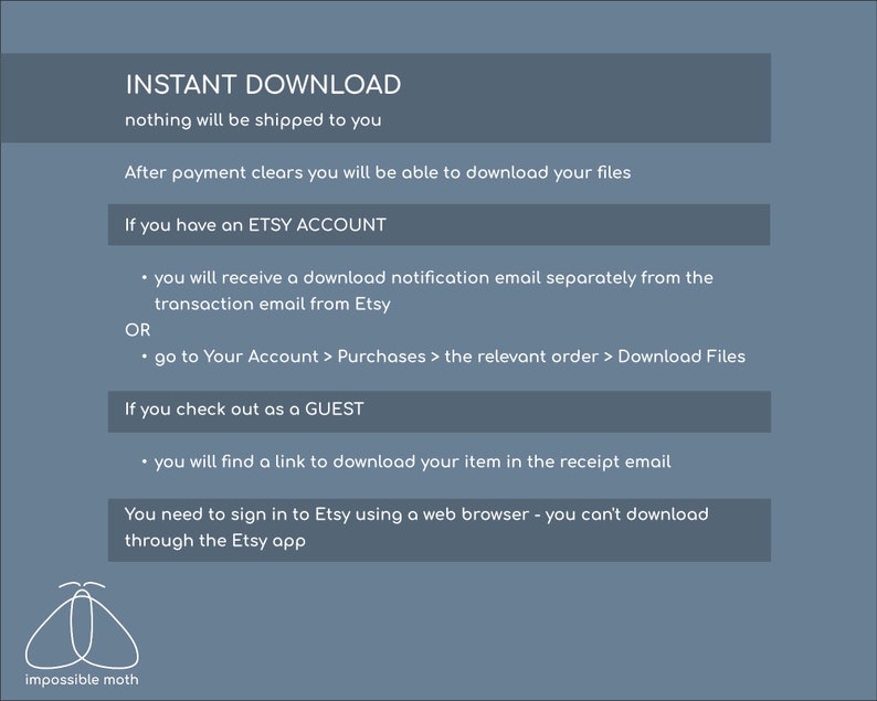 Puede incluir: Un gr&aacute;fico azul y blanco con el texto "INSTANT DOWNLOAD" e instrucciones sobre c&oacute;mo descargar archivos digitales despu&eacute;s de la compra en Etsy. El gr&aacute;fico tambi&eacute;n incluye una ilustraci&oacute;n de mariposa.