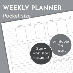 Könnte beinhalten: Ein wöchentlicher Taschenplaner mit minimalistischem Design. Der Planer enthält Abschnitte für jeden Wochentag mit Kontrollkästchen und gepunkteten Gittern. Enthält den Text "WEEKLY PLANNER", "Pocket size", "Sun + Mon start included" und "printable TN insert".